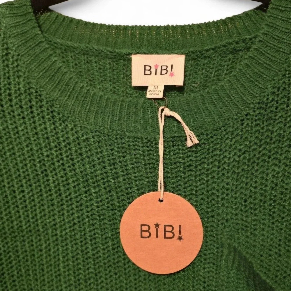 BIB! Women Green Knit Sweater Vest Crew Neck Chest Pocket IT1000-02 Medium NEW